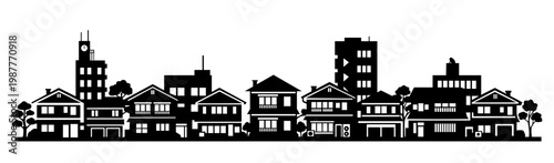 Detailed black silhouette of a suburban residential neighborhood skyline. This minimalist vector design features a variety of house styles, rooftops, and trees, ideal for real estate, community