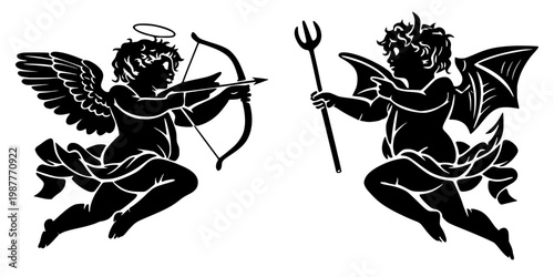 Contrasting black silhouettes of a winged angel with a bow and arrow and a horned devil with a pitchfork. Creative vector illustration exploring themes of good and evil, temptation, and mythology