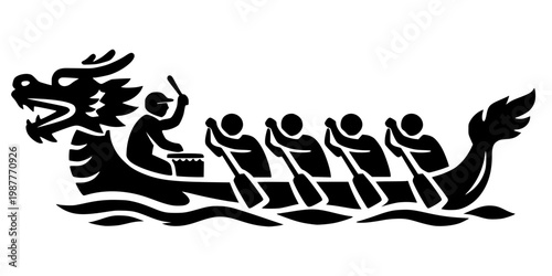 Dynamic black silhouette of a traditional dragon boat with a team of rowers and a drummer. High-contrast vector illustration capturing the energy of a water festival or competitive racing event