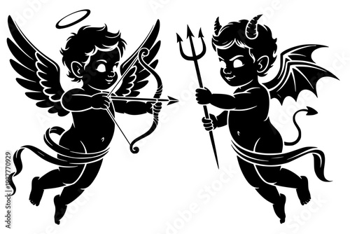 Canvas Print Cute baby angel cupid with bow and arrow facing little devil demon with trident