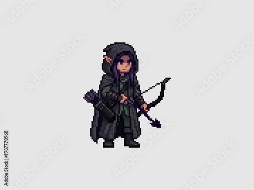 pixel art of a mysterious dark elf ranger wearing a hooded black cloak and holding a bow with purple arrows.