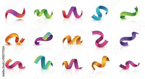 Elegant ribbon swirls with vibrant color gradients and soft shadows on white background.