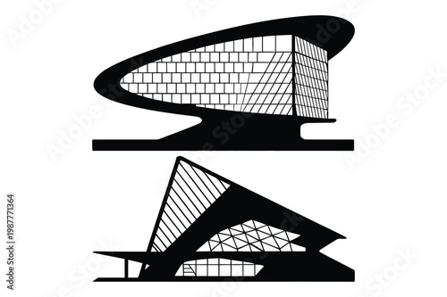 Modern futuristic architecture: curvilinear and angular buildings silhouette