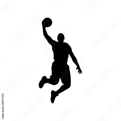 Solid basketball athlete performing slam dunk in dynamic action pose Vector illustration