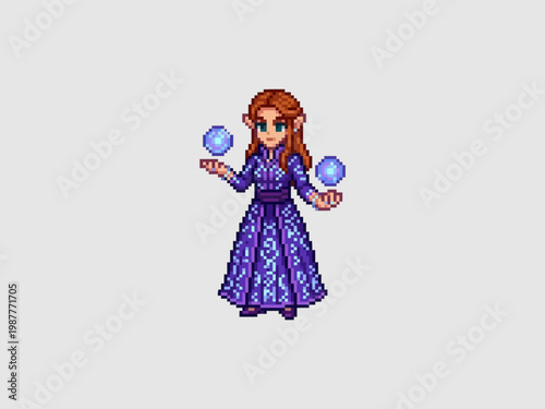 pixel art of a powerful elf sorceress in a patterned purple gown conjuring two glowing blue magical energy spheres.