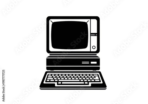 Vintage computer system with monitor keyboard and tower isolated on white background
