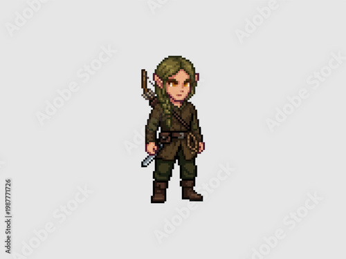 pixel art of a young elf scout in simple leather traveling clothes with a bow and rope on back.