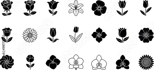 Black silhouette flower icon set featuring rose tulip lily orchid sunflower minimal vector collection for floral design projects