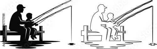 Father and child fishing together on a bench by water