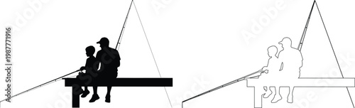 People Fishing Together Near Water On Bench Silhouette Style