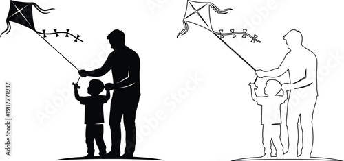 Family flying kites together in outdoor recreational activity illustration