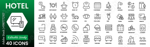 Hotel line icon set. Hostel, apartment, reception, hotel maid, bell boy, room and more. Outline vector icon in linear style. Pictogram collection