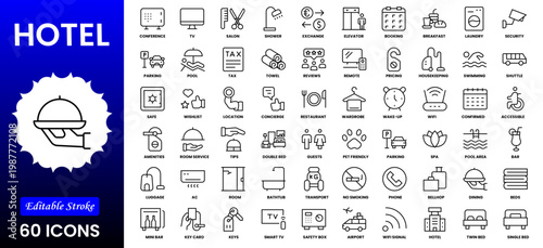 Hotel line icon set. Hostel, apartment, reception, hotel maid, bell boy, room and more. Outline vector icon in linear style. Pictogram collection