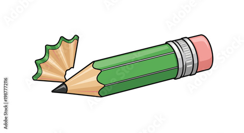 Short sharpened green pencil with a pink eraser and a wood shaving spiral on a white background for school and art projects.