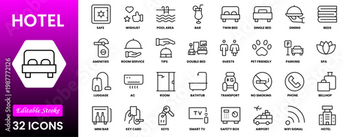 Hotel line icon set. Hostel, apartment, reception, hotel maid, bell boy, room and more. Outline vector icon in linear style. Pictogram collection