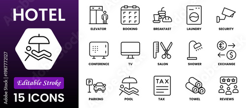 Hotel line icon set. Hostel, apartment, reception, hotel maid, bell boy, room and more. Outline vector icon in linear style. Pictogram collection