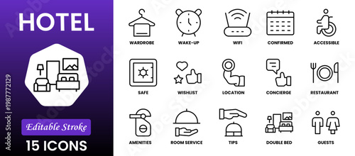 Hotel line icon set. Hostel, apartment, reception, hotel maid, bell boy, room and more. Outline vector icon in linear style. Pictogram collection