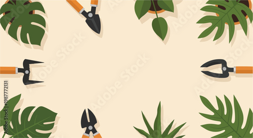 A top-down vector illustration shows various gardening shears and lush green potted plants framing a central empty beige space.