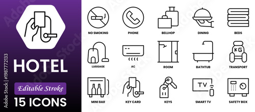 Hotel line icon set. Hostel, apartment, reception, hotel maid, bell boy, room and more. Outline vector icon in linear style. Pictogram collection