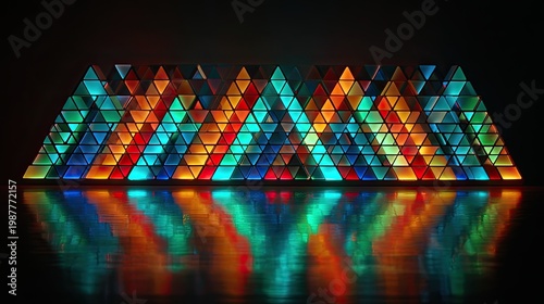 Colorful illuminated triangular patterns reflecting on a dark surface, creating a vibrant visual display