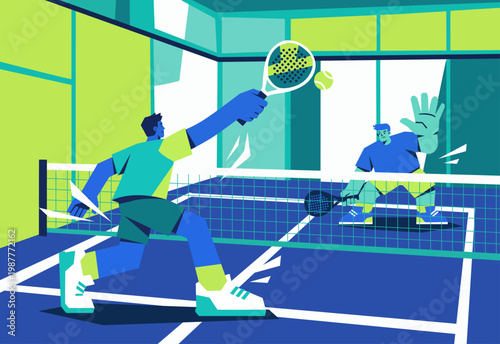 Stylized Padel Tennis Match Illustration with Two Players Competing on an Indoor Court, flat modern minimalist style, blue and green color tone.