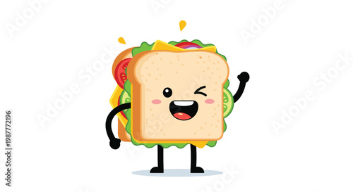 Cheerful cartoon sandwich character with a winking face and tiny limbs waves its hand to promote healthy and fun eating for kids.