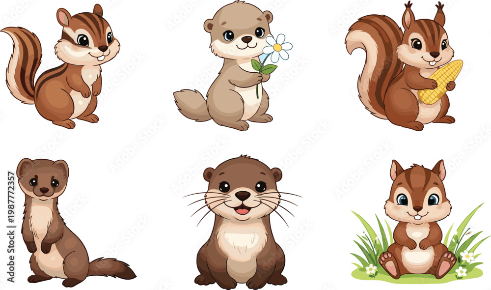 Naklejka premium Cute Woodland Animal Character Set Featuring Chipmunk Squirrel and Otter with Adorable Expressions for Kids Nature Illustration and Cartoon Vector Collection