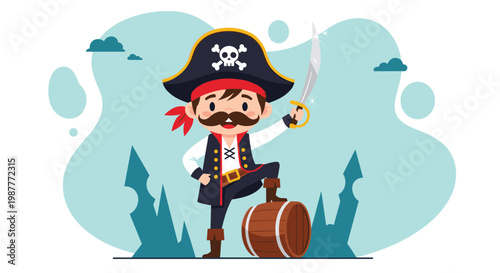 Cute young pirate character with a large hat and sword stands triumphantly on a wooden barrel in a fun seafaring adventure scene.
