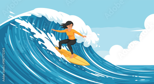 Brave female surfer catches a massive blue ocean wave under a bright sky demonstrating skill and athletic power in water sports.