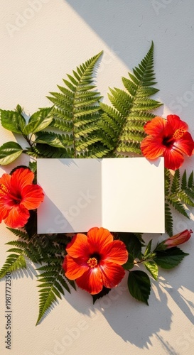 Tropical flowers and leaves arrangement.