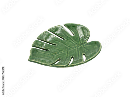 Elegant dark green ceramic monstera leaf dish featuring a glossy glazed finish and realistic botanical vein details, perfect for jewelry isolated transparent background image