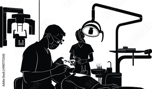 Dentist and assistant treating patient in dental chair with dental surgery, black and white