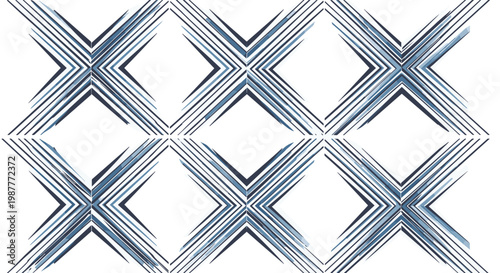 Modern geometric pattern consists of intersecting blue and gray lines forming a series of diamond shapes for a stylish background.