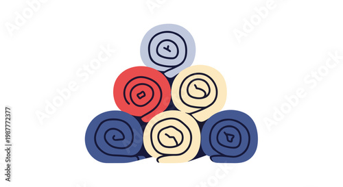 Abstract colorful rolls of fabric or paper towels in a pyramid stack represent textile production and interior design materials.