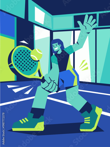 Woman Athlete Playing Padel Tennis Indoor Court Vector Illustration, modern flat design illustration with blue and green color palette.