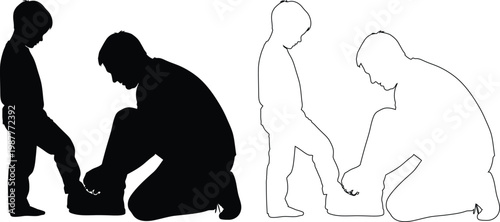 Person helping another tie shoelaces in silhouette and outline styles