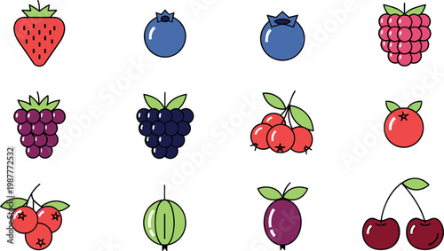 Colorful berry fruit icon set featuring strawberry blueberry raspberry grape cherry currant minimal vector collection for healthy food design