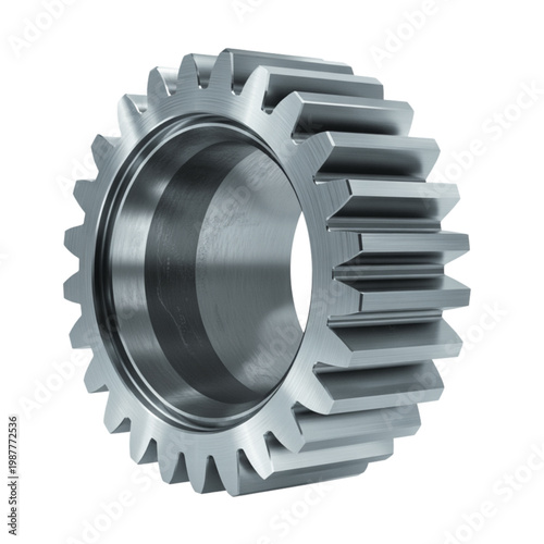 A shiny metallic gear with many teeth shown in a bright environment