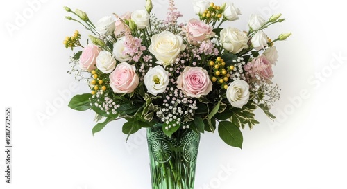 Fresh flower arrangement featuring pink and white roses, eustoma, and gypsophila in a green vase.