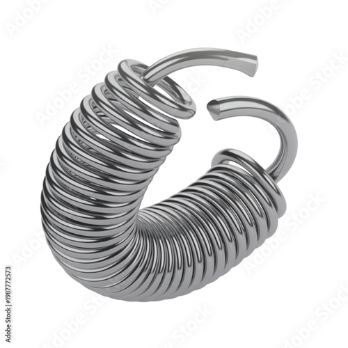 A shiny silver coiled metal spring with hooked ends gracefully curving against a clean white background