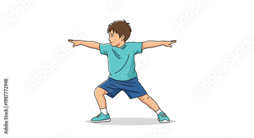 Young boy wearing a blue t shirt practices a martial arts or yoga stance on a white background showing balance and focus for kids.