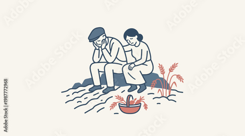 Concerned Couple Sitting in Field Overlooking Harvest