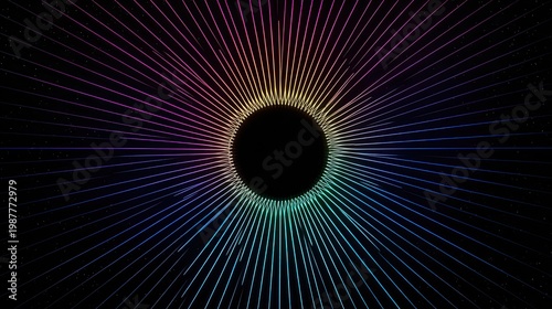 Vibrant radial design with colorful lines emanating from a central dark circle against a black background