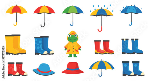 Large collection of rainy day icons includes colorful umbrellas, rubber boots, hats, and a cute frog wearing a bright yellow raincoat.