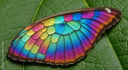 Vibrant Butterfly Wing on Leaf Surface.