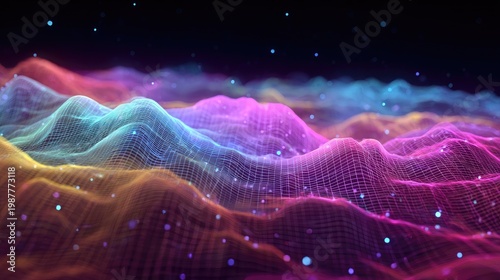 Abstract digital landscape with vibrant waves of color and light, creating a mesmerizing visual effect