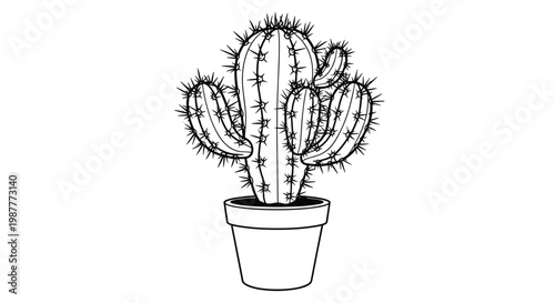Simple black and white line art illustration of a spiky saguaro cactus growing in a small ceramic flower pot isolated on a clean white background.