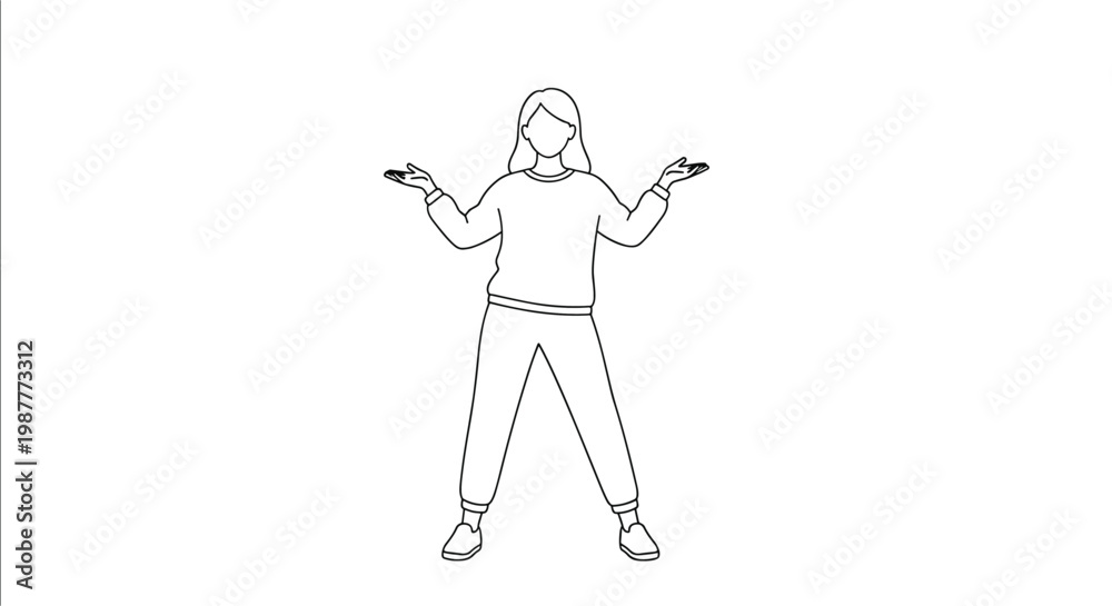 Fototapeta premium Simple black and white line art illustration of a woman standing with her arms wide open in a welcoming or questioning pose on a white background.