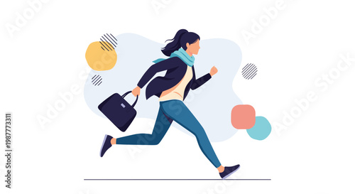 Energetic illustration of a woman in a business suit and scarf running quickly with her handbag against a colorful abstract background in a hurry.