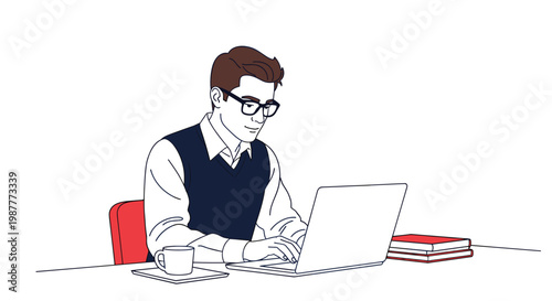 Illustration of a young man with glasses sitting at a desk and working on a laptop with a cup of coffee and books nearby in a home office.